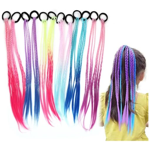 18 Inch Girls Rubber Bands Hair Extensions for Kids, Crazy Hair Day Accessories Colorful Wigs Colored Braids for for Girls Kids Women, Hair with Rubber Bands Rainbow Braided Synthetic Hairpieces Ponytail for 12pcs ( Gradual Change )