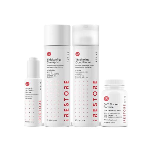 iRestore Max Growth Bundle includes our DHT Blocker Formula Supplement, Growth Activator Serum, Thickening Shampoo, and Conditioner to Combat Thinning and Promote Growth