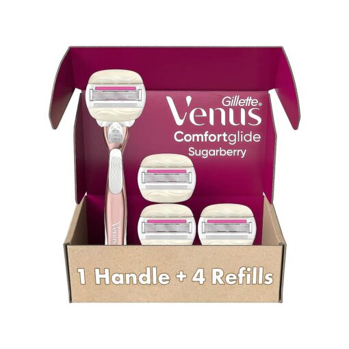 Gillette Venus, Razors for Women, Comfortglide, Womens Razor, Olay Sugarberry, Venus Razor Refills for Women, Rose Gold Metal Handle + 4 Blade Refills, Razor Blades, Razors, Womens Razors for Shaving