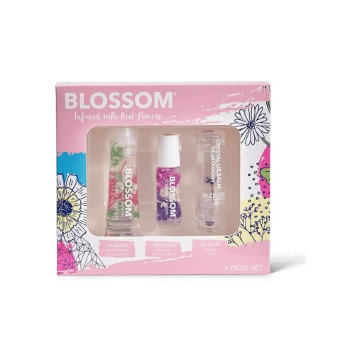 Blossom 3 Pack Gift Set Moisturizing Lip Gloss Tubes, Roll on Lip Gloss, Scented Color Change Lip Balm, Infused with Real Flowers, 0.7 fl, oz/15mL, Watermelon/Coconut/Purple