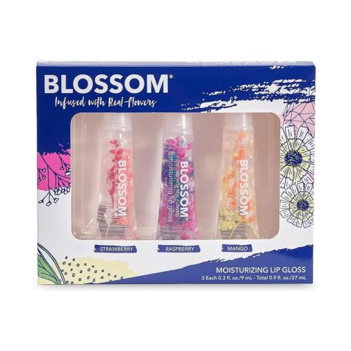 Blossom Scented Moisturizing Lip Gloss Tubes, Infused with Real Flowers, 0.9 fl, oz/27ml, 3 pack Gift Set, Strawberry/Raspberry/Mango