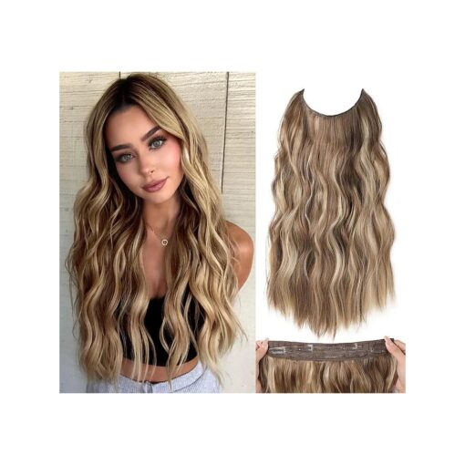 Halo Hair Extensions 20 Inch Invisible Wire Long Wavy Brown with Blonde Hair Extensions for Women Adjustable Size Hairpiece 4 Clips in Hair Extension ( Light Brown with Blonde )