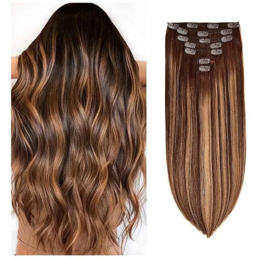 Clip in Hair Extensions Real Human Hair 120g 7pcs Human Hair Clip in Extensions 14 Inch Chocolate Brown Mixed Caramel Blonde # 4/27/4 Thickened Straight Real Hair Extensions Clip in Human Hair