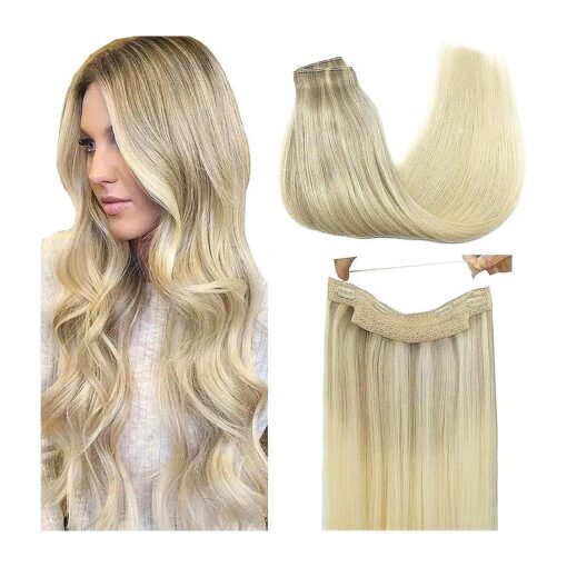 GOO GOO Wire Hair Extensions Real Human Hair, 14inch 75g Ash Blonde to Golden Mixed, Invisible Wire Hair Extensions with Transparent, Seamless Fish Line Hairpiece, Straight Remy Hair Extensions