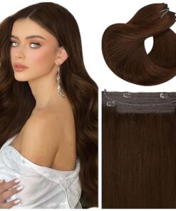 16 Inch Wire Hair Extensions Loxxy Hidden Crown Hair Extensions Human Hair Silky 90g Invisible Fish lLine Hair Extensions for Long Hair Medium Brown