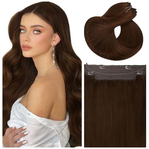 16 Inch Wire Hair Extensions Loxxy Hidden Crown Hair Extensions Human Hair Silky 90g Invisible Fish lLine Hair Extensions for Long Hair Medium Brown