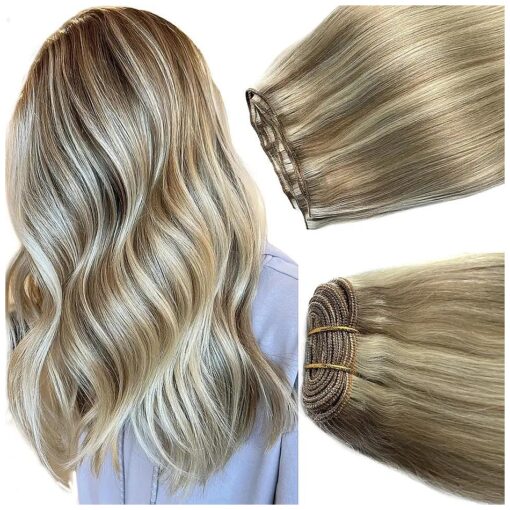 Sew in Hair Extensions Real Human Hair, 20 Inch 100G Weft Hair Extensions Human Hair, Balayage Ash Blonde to Blonde Highlights Hand Tied Weft Hair Extensions Human Hair Bundles Sew in Weft Extensions