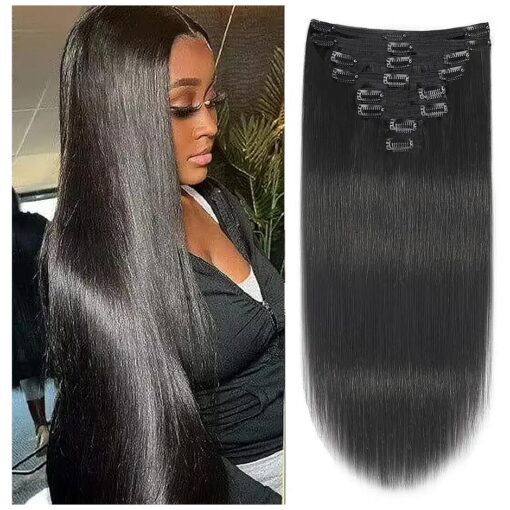 Clip in Hair Extensions Real Human Hair 24 INCH Black Clip ins for Women Remy Clip on Hair Extensions Human Hair 8 Pieces With 18 Clips 120g