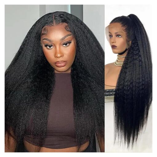 26 Inch 13x6 Kinky Straight Lace Front Wigs Human Hair 180 % Density Transparent Hd Lace Front Wigs Human Hair Yaki Straight Brazilian Virgin Human Hair Wigs For Women Natural Black