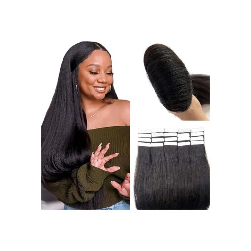 Tape in Hair Extensions Human Hair, Black Hair Extensions Real Human Hair Yaki Straight Tape ins for Black Women,16Inch 20 Pcs 50G Double Sided Invisible Tape in Human Hair Extensions