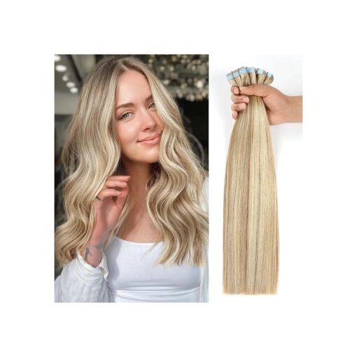 Tape in Hair Extensions Human Hair Ash Blonde Highlighted Bleach Blonde 14 inch 20pcs 40g/pack Straight Seamless Skin Weft 100 % Real Human Hair