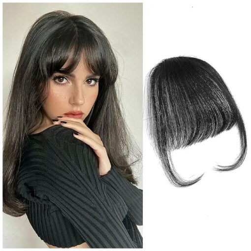 LE SECRET Clip in Bangs Real Human Hair Wispy Bangs Hair Clip Fringe with Temples Extensions Clip on Flat Neat Air Bangs Natural Curved Bangs Hairpieces for Women ( Black )