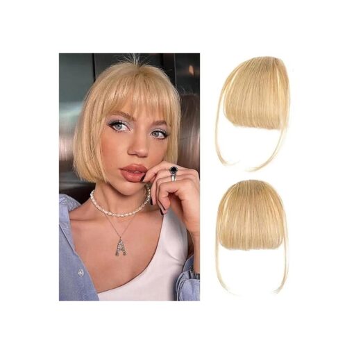 AISI QUEENS Clip in Bangs 100 % Real Human Hair Extensions Blonde Bangs Clip on Fringe Bangs with nice net Natural Flat neat Bangs with Temples for women One Piece Hairpiece ( Wispy Bangs, BlondeX )