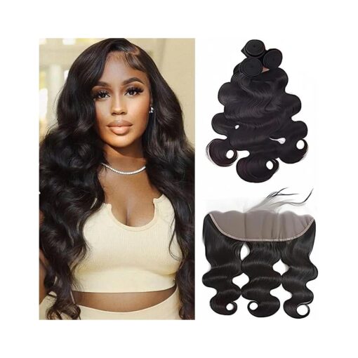 Body Wave Bundles Human Hair With Frontal ( 16 18 20 + 14, Free Part ) 100 % Natural Human Hair Extensions 13x4 HD Transparent Lace Frontal With Black Body Wave Weave 3 Bundles Brazilian Real Human Hair