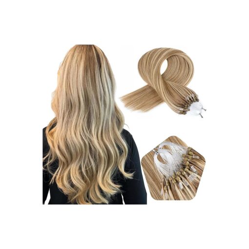 Microlink Hair Extensions Human Hair 18 Inch Micro Ring Human Hair Extensions # 8/613 Brown with Blonde 1g/Strand Micro Beads Human Hair 50g Micro Loop Human Hair Extensions