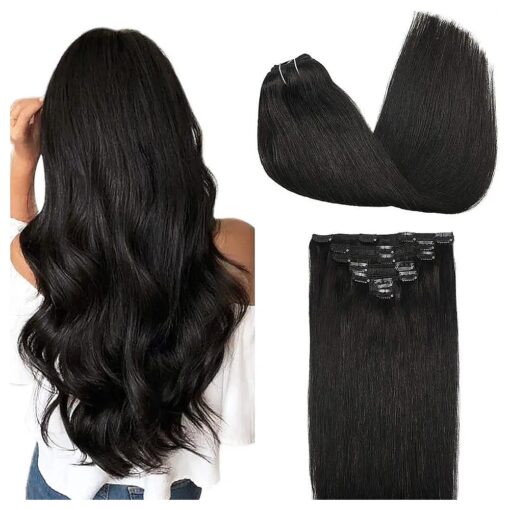 GOO GOO Clip in Hair Extensions Real Human Hair, 14inch 120g 7Pcs, 1B Natural black, Remy Human Hair Extensions Clip ins for Women, Natural Human Hair