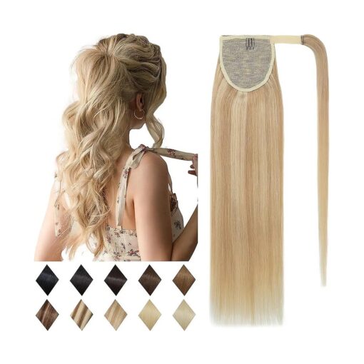 SEGO Ponytail Extension Human Hair 100 % Real Human Hair Clip In Wrap Around Long Straight Ponytail With Magic Paste Pony Hairpieces for Women -14 Inch 80g 18P613 Ash Blonde & Bleach Blonde