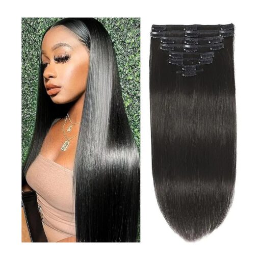 Clip in Hair Extensions Real Human Hair Clip ins Remy Human Hair Clip in Extensions Black Women Invisible Natural Straight Seamless Clip on Hair Extensions 8pcs Double Weft # 1B 16 Inch 2.8oz/80g