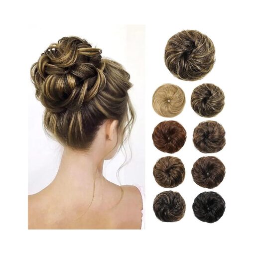 Flufymooz Messy Bun Hair Piece, 100 % Real Human Hair Tousled Updo Extension Natural Curly Messy Bun with Elastic Band Hair Bun Hair Piece Ponytail Extensions for Women ( Medium Brown with Highlights )