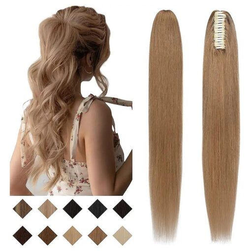 SEGO Claw Clip Ponytail Extension Human Hair Clip in Ponytail Hair Extensions 100 % Real Human Hair Pony Tails Hair Extensions Long Straight For Women -14 Inch 105g Dark Blonde