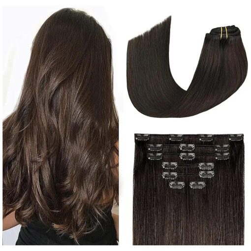 Aison Dark Brown Clip in Hair Extensions Real Human Hair 70G Remy Human Hair Clip in Hair Extensions 12 Inches Soft Silky Straight for Fashion Women 7pcs 16clips Brown Hair Extensions