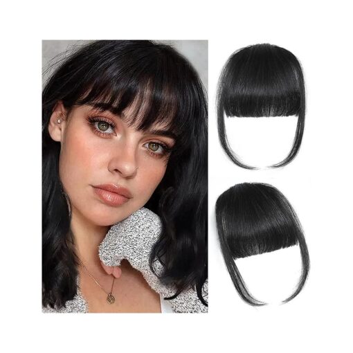 Bangs Hair Clip in Bangs 100 % Real Human Hair Extensions Fake Thin French Bangs Fringe with Temples Curtain Flat Neat Front Thick Hairpieces for Women Kids Daily Wear Black