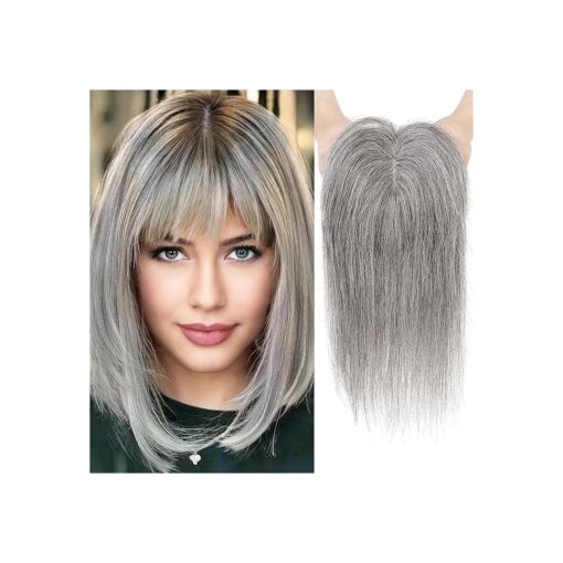 REECHO Hair Toppers for Women Real Human Hair, Hair Toppers with Bangs, Topper Hair Pieces for Women with Thinning Hair, Clip In Hair Topper Top Hair Extensions 10 Inch - Grey