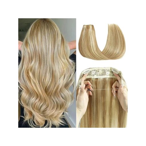 Hair Extensions 16 Inch Hair Extensions Real Human Hair Light Blonde to 613 Blonde Straight Hair Extensions Human Hair Extensions Hidden Wire Hair Extensions Transparent Fish Line Invisible Hairpiece