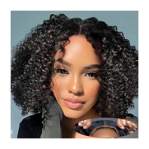 10 Inch Wear and Go Glueless Bob Wig Human Hair Pre Plucked Deep Curly Wig Human Hair Wigs for Women No Glue Ready to Wear Short Bob Curly Pre Cut Lace Closure Wig 180 % Density Natural Black