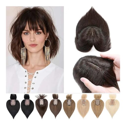 SEGO 100 % Real Human Hair Toppers with Bangs, Silk Base 150 % Density Clip in Topper Top 2.7" x5.1" Hair Pieces for Women with Thinning Hair/Hair Loss Cover Gray Hair