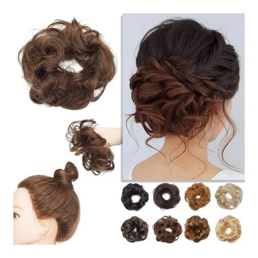 S-noilite Human Hair Messy Bun Hair Piece 1PCS Wavy Rose Bun Scrunchies Updo for Women Kids Wedding Elegant Chignons Donut Ponytail Hairpiece # 4W Medium Brown