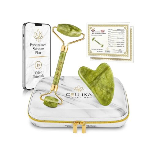 Xiuyan Jade Roller and Gua Sha Set with Shockproof Travel Case - Face Roller Skin Care Tool Real Jade Roller for Face, Eyes, Neck & Body - Facial Roller Tutorial & Skincare Plan Included