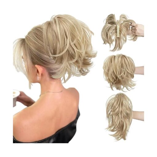 CJL HAIR Claw Clip Short Ponytail Hair Extensions Bendable Metals Messy Bun Hair piece Wavy Curly Fake Hairpieces ( Dirty Blonde, Straight,8inch )