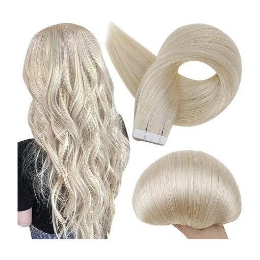 Full Shine Fashion Tape Hair Extensions Real Remy Human Couture Short 12 Inch Color 60 Platinum Blonde in Remy 20 Pieces 30G Thick Ends Piece for Invisible Seamless Human Hair Extensions