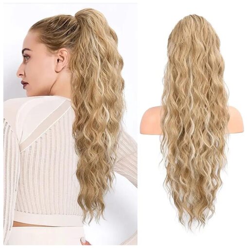 FLUFYMOOZ Ponytail Extension, 26 Inch Drawstring Ponytail Hair Extensions for Women, Long Curly Wavy Ponytail Natural Synthetic Hairpiece for Women ( 26 Inch Honey Blonde with Highlight )