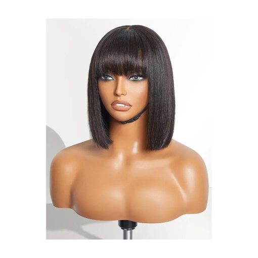 LUVME HAIR 10 Inch Silky Straight Bob Wig with Bangs Human Hair Realistic HD Lace Short Black Bob Wigs, Ready to Go Blunt Cut Bob Wig Glueless 180 Density