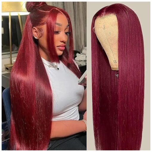 13x4 99j Burgundy Lace Front Wigs Human Hair Pre Plucked 180 % Density Straight hd Lace Frontal Wig with Baby Hair Human Hair Wigs for Women Red Wig 32inch