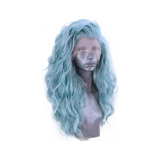 Side Part Pastel Blue Green Wigs Blend Color Synthetic Lace Front Wigs for Women Festival Cosplay Party Drag Queen Replacement Wear Long Water Curly Hair 22 Inches