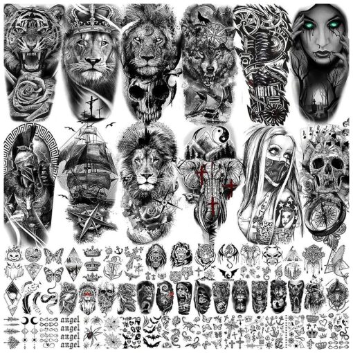 63 Sheets Tribal Wolf Lion Tiger Temporary Tattoos For Men Women Adults, Scary Halloween Skull Gangster Fake Tattoo Stickers Kids, Small 3D Realistic Tattoos Thigh Arm Neck Elephant Warrior