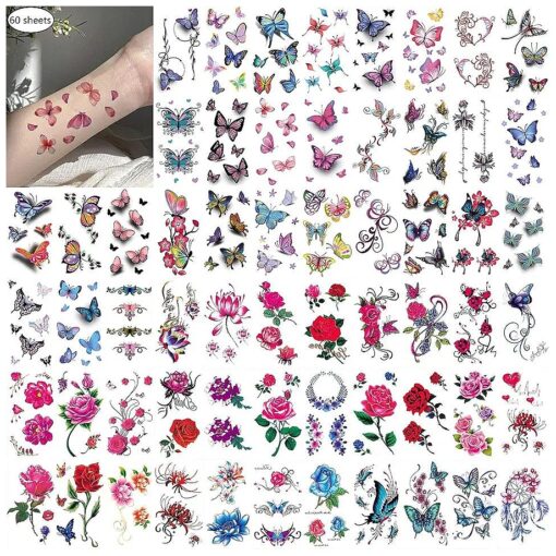 60 Sheets Waterproof Flower 3D Butterfly Fake Temporary Tattoo Sticker for Girl Lady Women