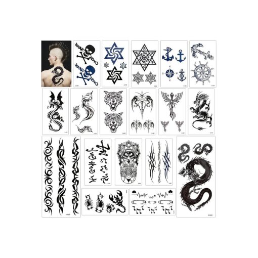 Temporary Tattoo for Adults Kids Women Men ( 18 Sheets ), Konsait Temporary Tattoo Stickers Paper Kit Fake Tattoo Body Sticker Cover Up Set, Dragon Eye Heartbeat Tiger Vine Scorpion Graphic Skull