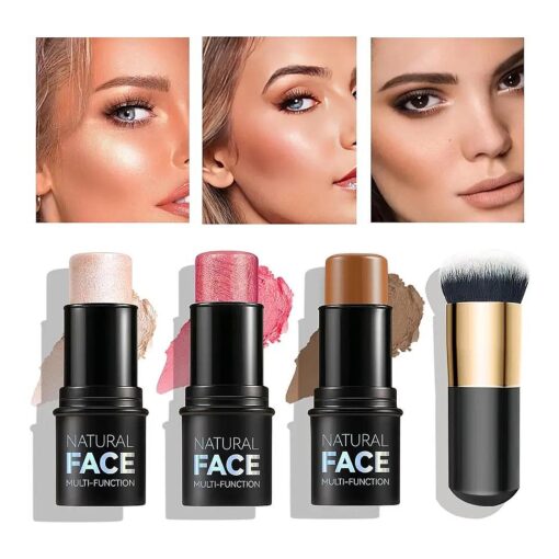 Contour Stick, Highlighter Stick, Blush Stick 3Pcs Cream Contour Kit with Contour Brush, Create Face Contour, Non-greasy, Waterproof Long-lasting Effect, Highlighter Makeup Stick for Beginner Medium