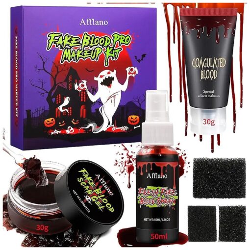 Afflano Fake Blood Halloween Makeup Kit 6 Pcs, Fake Blood Spray Splatter+ Coagulated Blood Gel+ Stipple Sponge for Cloth, Special Effects Zombie Vampire Monster SFX Makeup, Theater Stage Skull Cosplay