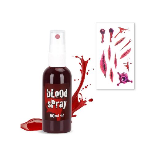 Halloween Fake Blood Spray Bottle ( with Free Scar Tattoos ) Realistic Safe Washable Fake Blood for Clothes Bloody Purge Costumes SFX Zombie Vampire Makeup Face Paint Easy to Clean 2oz/60ml