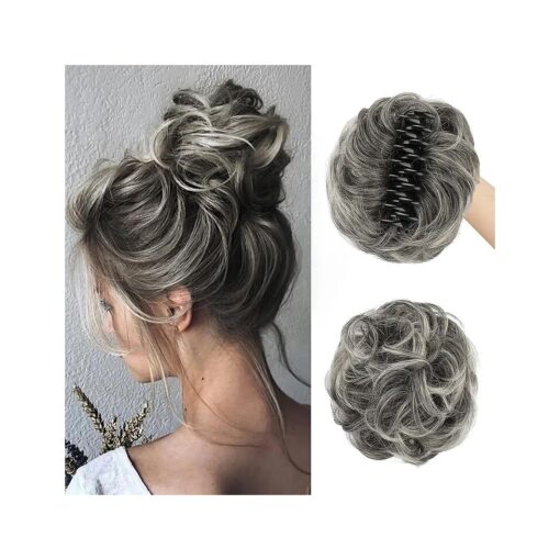 SOFEIYAN Claw Clip Messy Bun Hair Piece Synthetic Tousled Updo Hair Extensions Wavy Curly Hair Bun Clip in Claw Chignon Ponytail Hairpieces Scrunchie Hairpiece for Women, Gray with White Tips