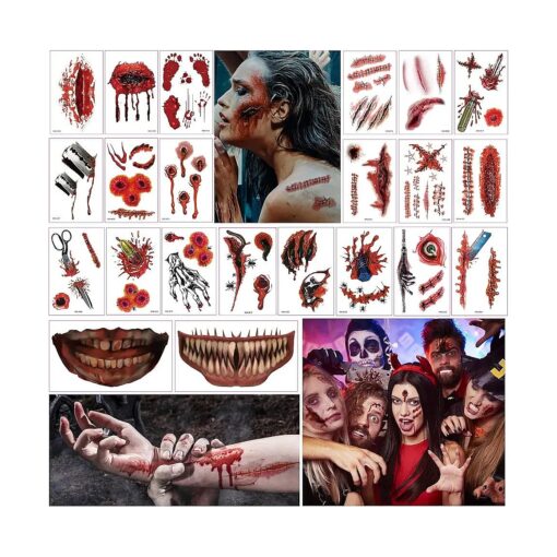 Sawaruita Spooktacular Halloween Wound Scar Temporary Tattoo Collection - Lifelike, Waterproof, Long-Lasting and Horror-Inspired Zombie Fake Tattoos - Pack of 22 Sheets