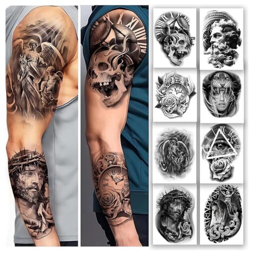 8 sheet extra Large Jesus Temporary Tattoos sleeve, Temporary tattoo of arm, fake tattoos for adult men women, Designed By Real Tattoo Artists| Roarhowl