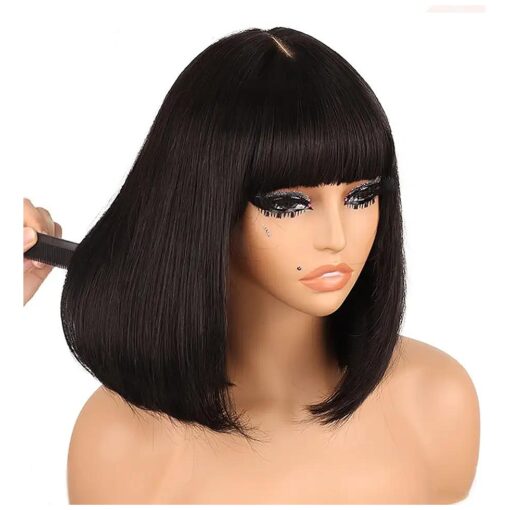 G & T Wig 12" Straight Human Hair Lace Bob Wig With Bangs Realistic Look 2x1 HD Lace Glueless Wigs Blunt Cut Short Straight Human Hair Wigs for Black White Women ( Natural Black )