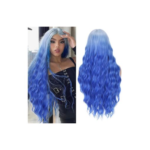 FAVE Ombre Blue Wavy Wigs 28Inch Long Blue Wig Middle Part Natural Curly Wigs for White Women Light Roots Synthetic Wigs Daily Party Cosplay Wigs for Women