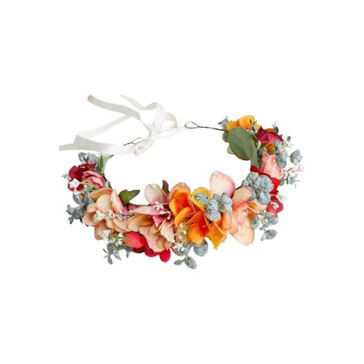 Women Floral Crown Girl Floral Headband Hair Wreath Flower Headpiece Halo Boho Party Prom Wedding Photos Orange